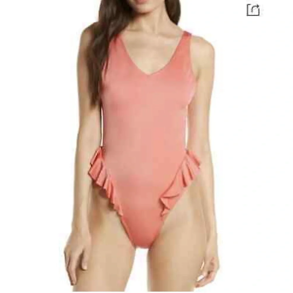 Something Navy Ruffle Swimsuit One Piece Coral Sz m NEW